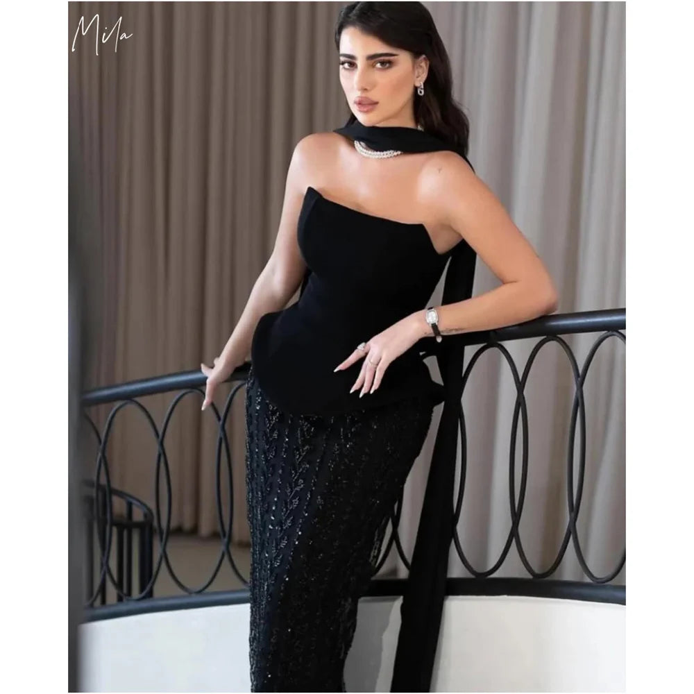 Mila Black Strapless Trumpet Customized Prom Dresses Detachable Shawl Shiny SequinsParty Dresses Ankle-Length Evening Dresses