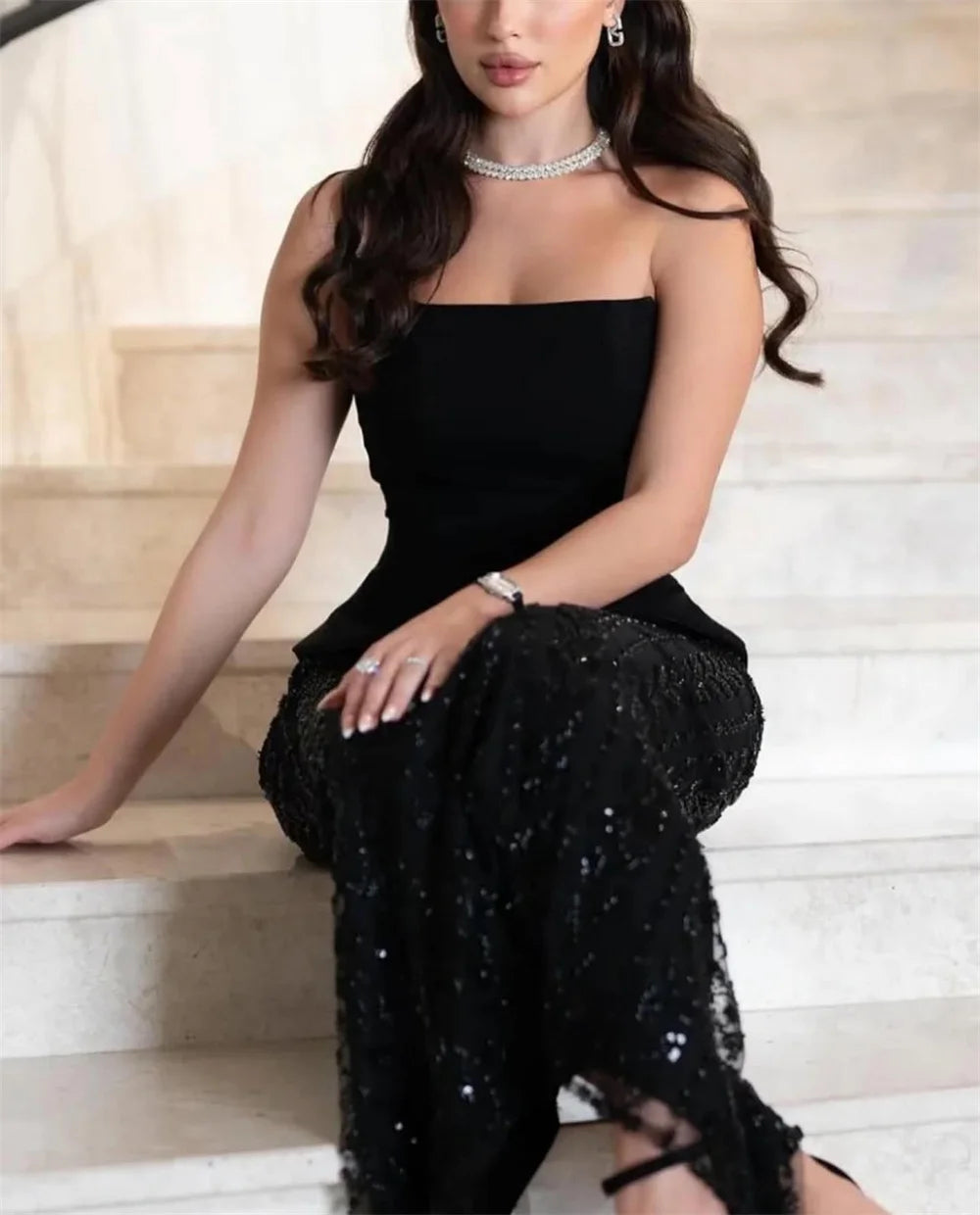Mila Black Strapless Trumpet Customized Prom Dresses Detachable Shawl Shiny SequinsParty Dresses Ankle-Length Evening Dresses