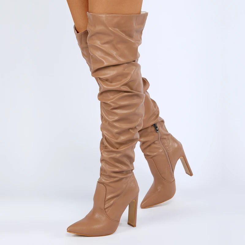 Eilyken Pleated Thigh High Boots Fashion Pointed Toe Zip Female Stiletto Square Heels Design White Black Brown Women's Shoes