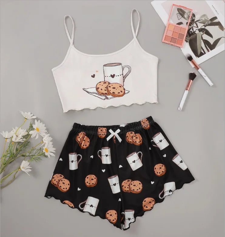 Hot Women's Sleepwear Cute Cartoon Print Short Set Pajamas for Women Pajama Set Sweet Short Sleeve V-Neck & Shorts Summer