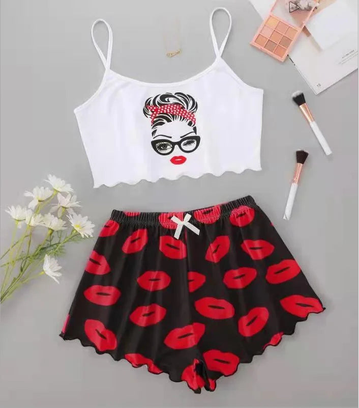 Hot Women's Sleepwear Cute Cartoon Print Short Set Pajamas for Women Pajama Set Sweet Short Sleeve V-Neck & Shorts Summer