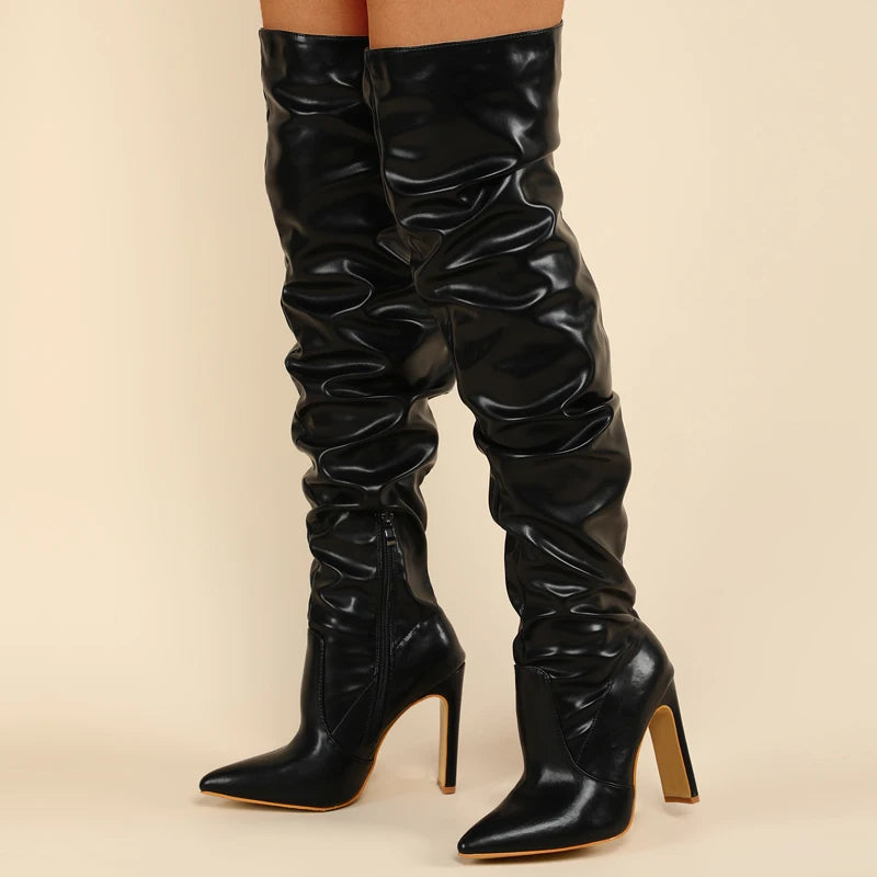 Eilyken Pleated Thigh High Boots Fashion Pointed Toe Zip Female Stiletto Square Heels Design White Black Brown Women's Shoes