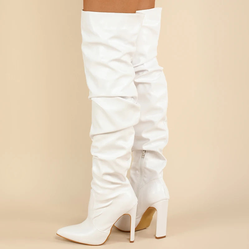 Eilyken Pleated Thigh High Boots Fashion Pointed Toe Zip Female Stiletto Square Heels Design White Black Brown Women's Shoes