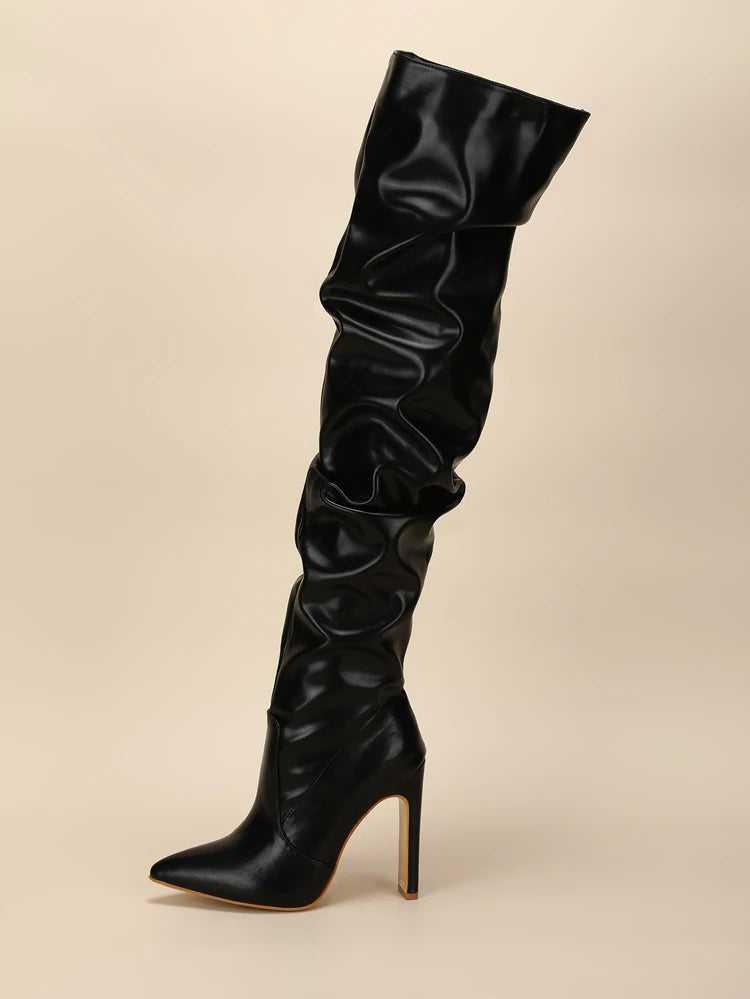 Eilyken Pleated Thigh High Boots Fashion Pointed Toe Zip Female Stiletto Square Heels Design White Black Brown Women's Shoes