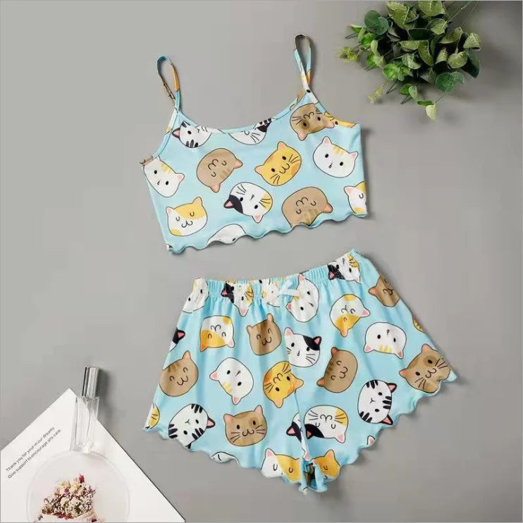 Hot Women's Sleepwear Cute Cartoon Print Short Set Pajamas for Women Pajama Set Sweet Short Sleeve V-Neck & Shorts Summer