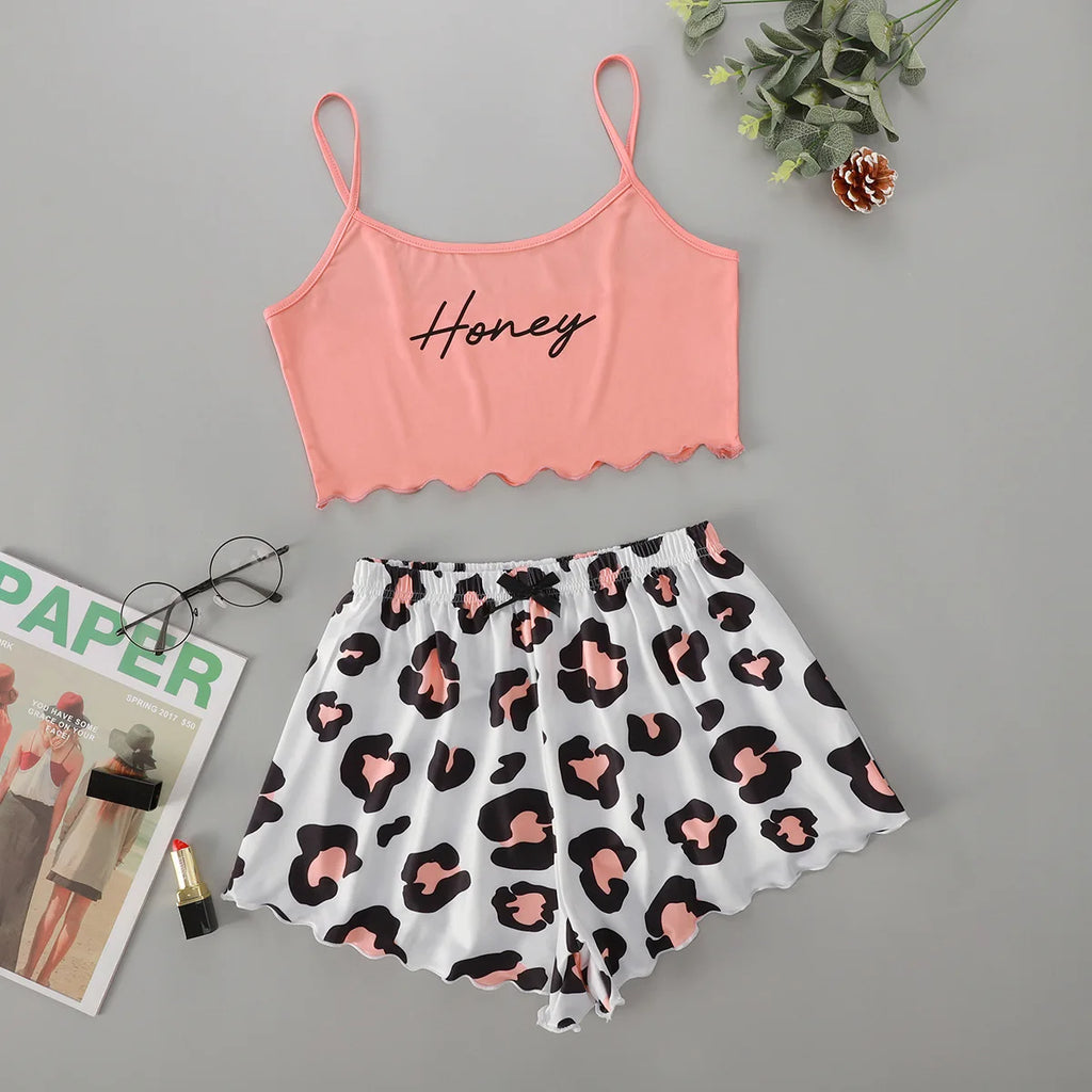 Hot Women's Sleepwear Cute Cartoon Print Short Set Pajamas for Women Pajama Set Sweet Short Sleeve V-Neck & Shorts Summer