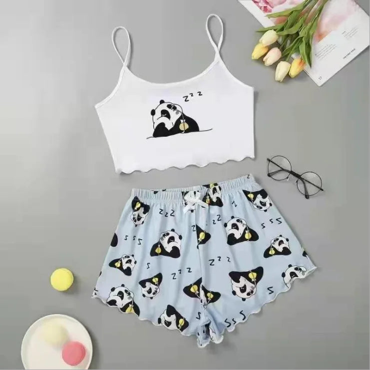 Hot Women's Sleepwear Cute Cartoon Print Short Set Pajamas for Women Pajama Set Sweet Short Sleeve V-Neck & Shorts Summer
