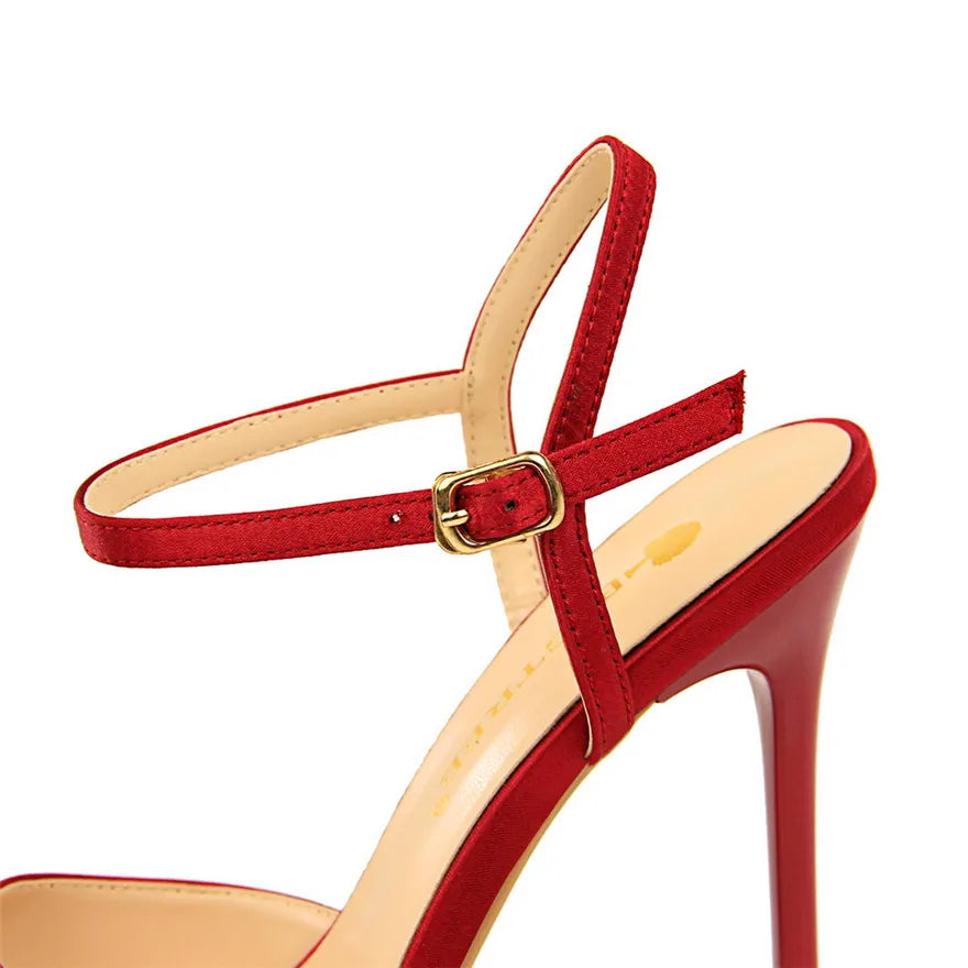 Thin Heels Concise Women Sandals New Fashion Buckle Shallow Women's High Heels Shoes Solid Silk Pointed Toe Dress Sandals
