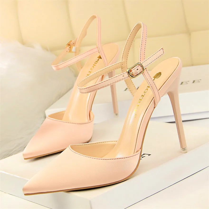 Thin Heels Concise Women Sandals New Fashion Buckle Shallow Women's High Heels Shoes Solid Silk Pointed Toe Dress Sandals