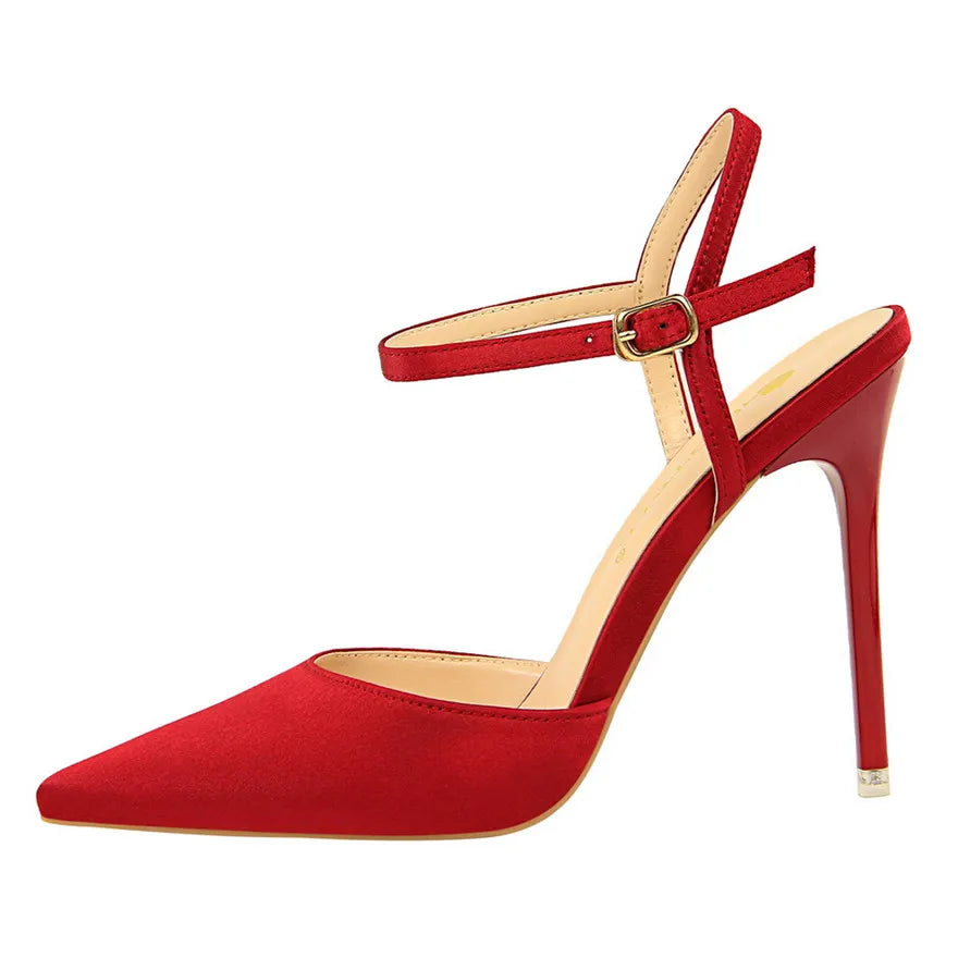 Thin Heels Concise Women Sandals New Fashion Buckle Shallow Women's High Heels Shoes Solid Silk Pointed Toe Dress Sandals