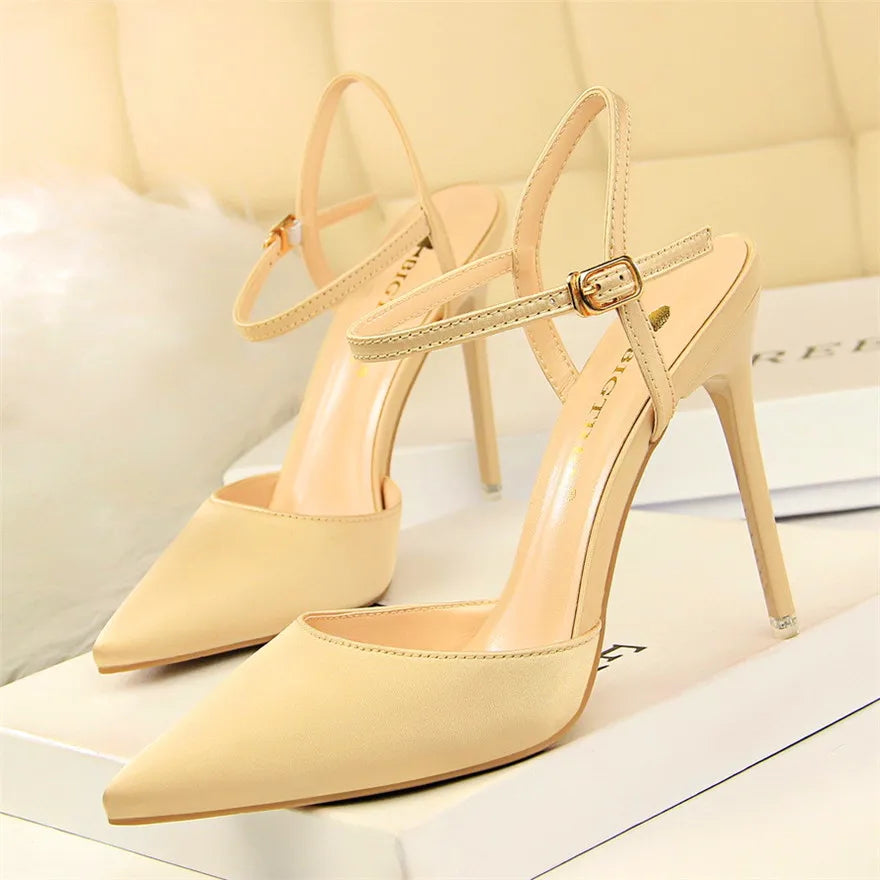 Thin Heels Concise Women Sandals New Fashion Buckle Shallow Women's High Heels Shoes Solid Silk Pointed Toe Dress Sandals