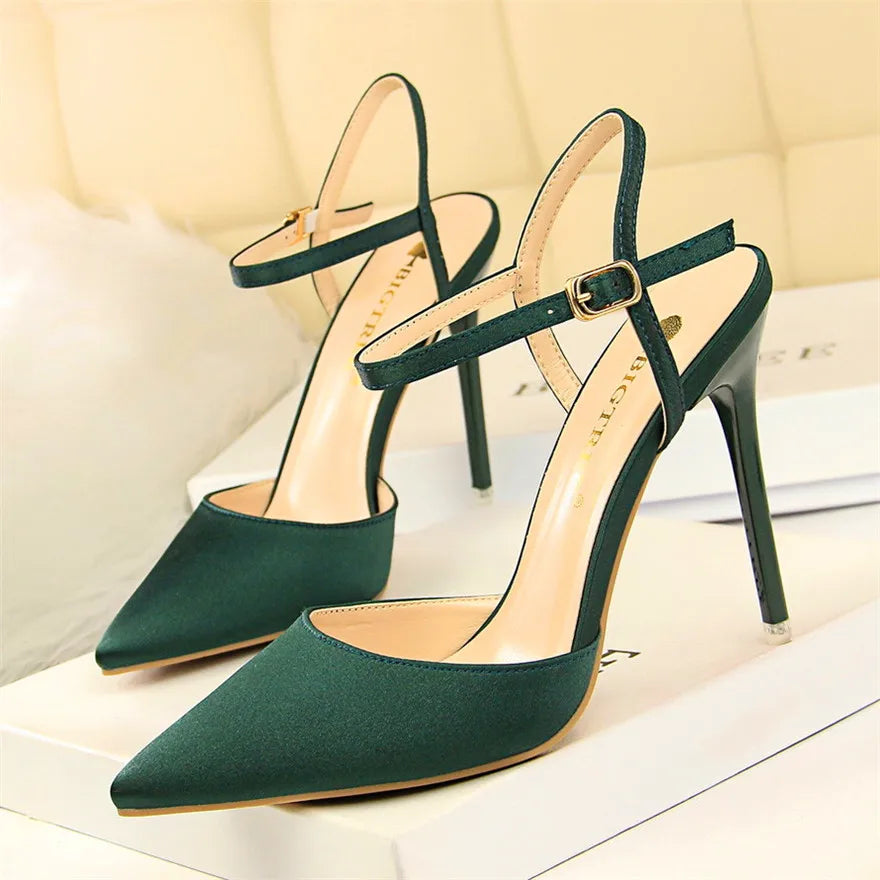 Thin Heels Concise Women Sandals New Fashion Buckle Shallow Women's High Heels Shoes Solid Silk Pointed Toe Dress Sandals