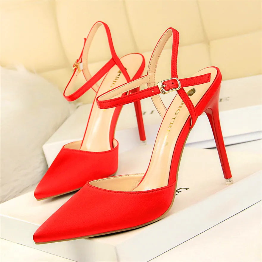 Thin Heels Concise Women Sandals New Fashion Buckle Shallow Women's High Heels Shoes Solid Silk Pointed Toe Dress Sandals