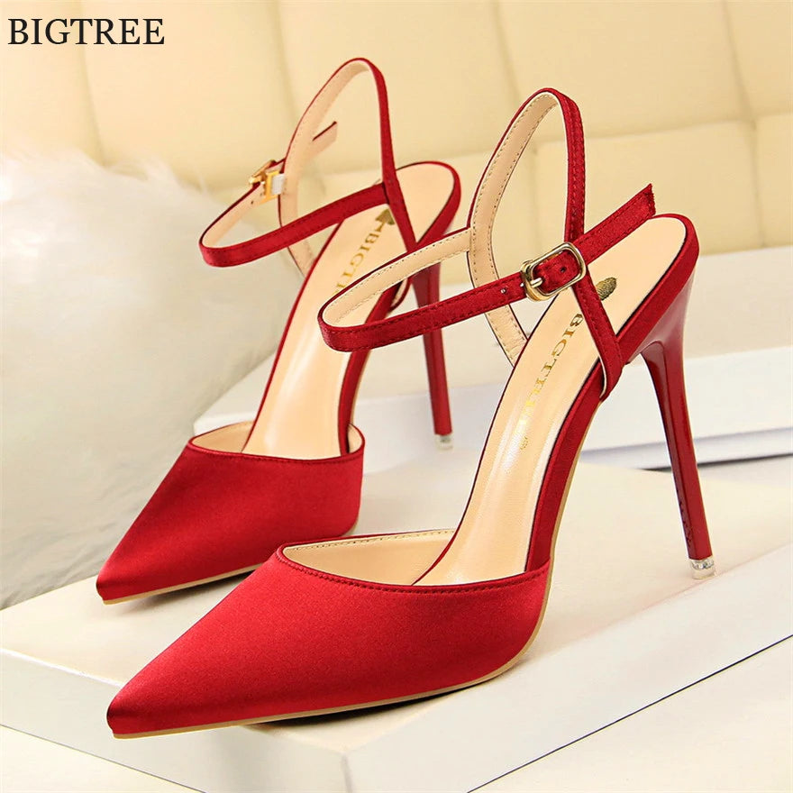 Thin Heels Concise Women Sandals New Fashion Buckle Shallow Women's High Heels Shoes Solid Silk Pointed Toe Dress Sandals