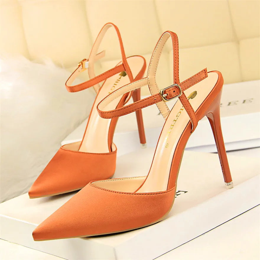 Thin Heels Concise Women Sandals New Fashion Buckle Shallow Women's High Heels Shoes Solid Silk Pointed Toe Dress Sandals