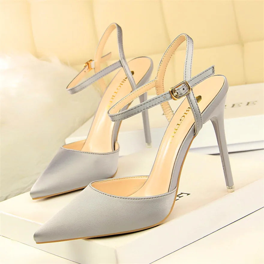 Thin Heels Concise Women Sandals New Fashion Buckle Shallow Women's High Heels Shoes Solid Silk Pointed Toe Dress Sandals
