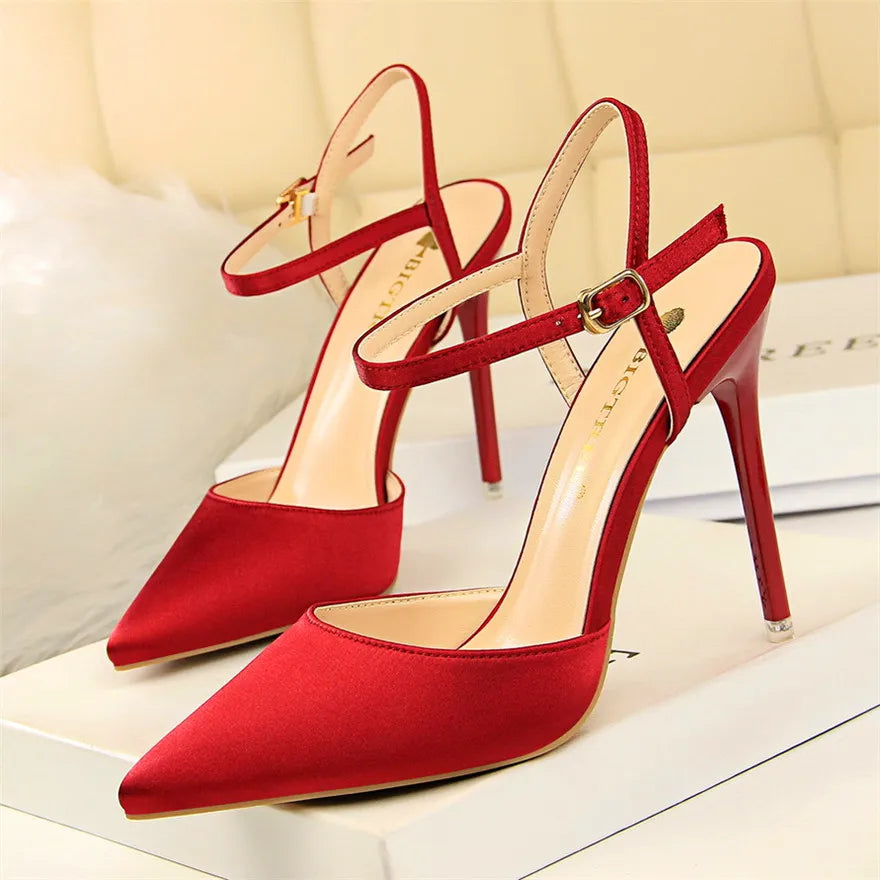 Thin Heels Concise Women Sandals New Fashion Buckle Shallow Women's High Heels Shoes Solid Silk Pointed Toe Dress Sandals