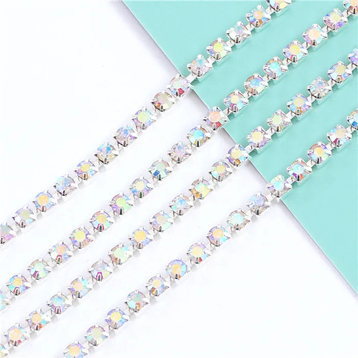 1 Yard Clothes Rhinestone Chain Silver Claw Sewing On Crystal Glass Cup Chain Rhinestone Trim DIY Garment Bags decorations