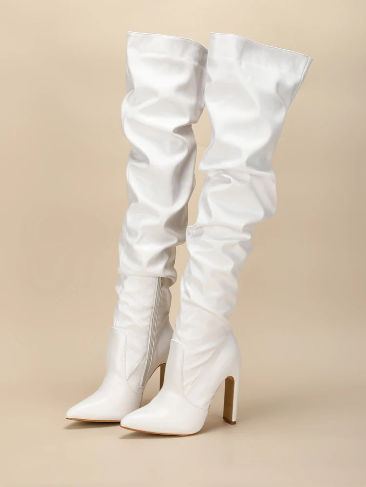 Eilyken Pleated Thigh High Boots Fashion Pointed Toe Zip Female Stiletto Square Heels Design White Black Brown Women's Shoes