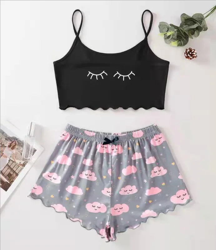 Hot Women's Sleepwear Cute Cartoon Print Short Set Pajamas for Women Pajama Set Sweet Short Sleeve V-Neck & Shorts Summer