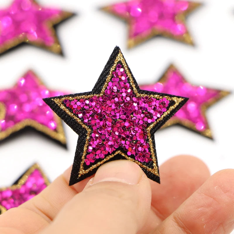 10Pcs/lot 4cm Rose Red Bling Star Patches For Clothes Iron-On Diy Parche Thermo Badge Appliques Sticker For Jeans Bags Shirt