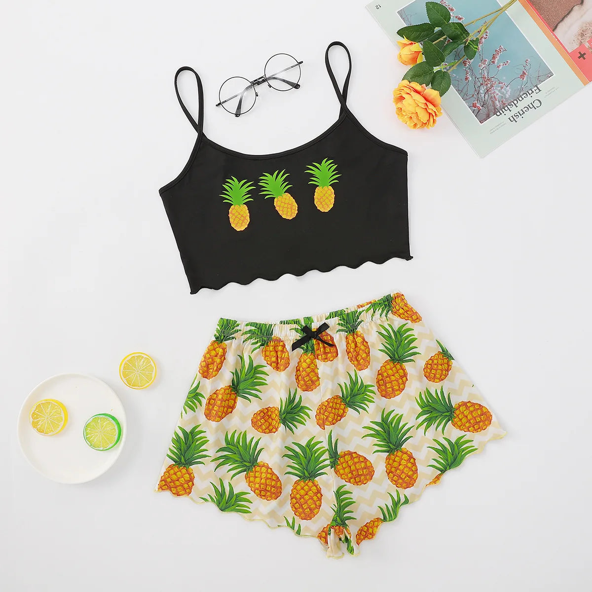 Hot Women's Sleepwear Cute Cartoon Print Short Set Pajamas for Women Pajama Set Sweet Short Sleeve V-Neck & Shorts Summer