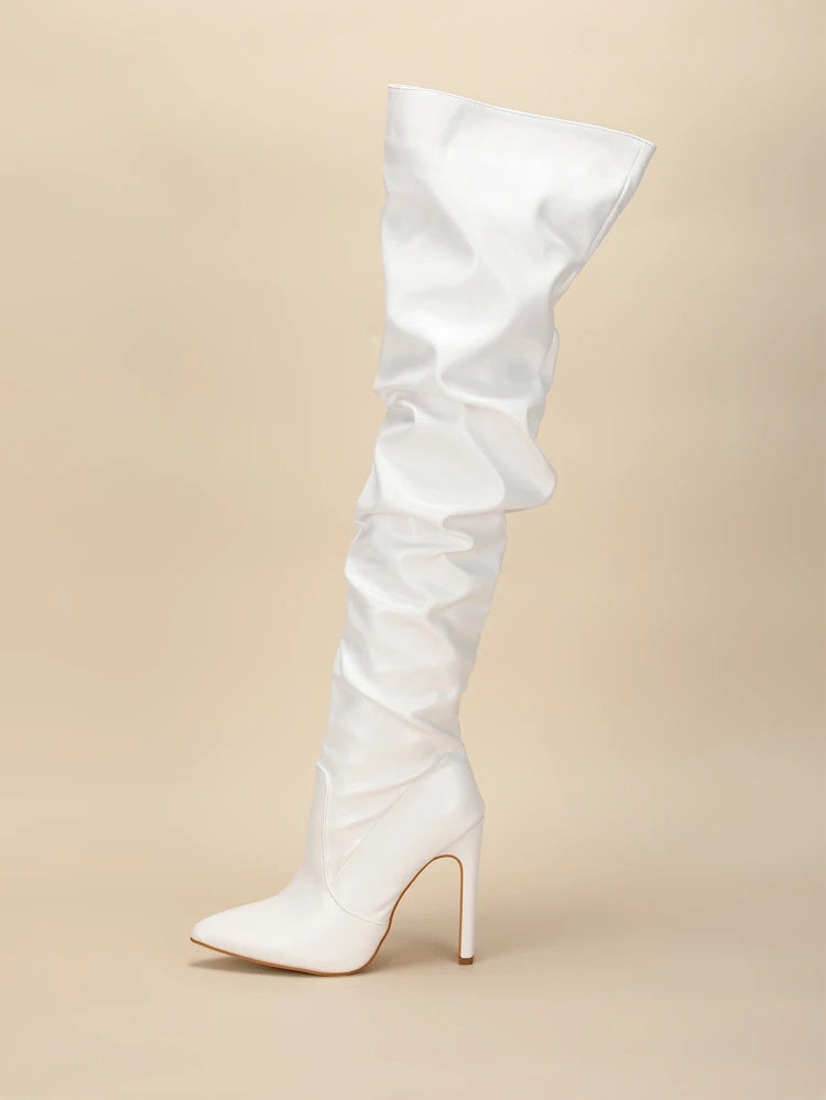 Eilyken Pleated Thigh High Boots Fashion Pointed Toe Zip Female Stiletto Square Heels Design White Black Brown Women's Shoes