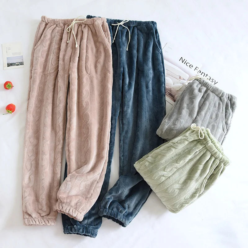 Winter Pajamas Home Pants For Women Elastic Trousers Loose Warm Thicken Fannel Pijamas Pants Sleepwear Printed Autumn Nightwear