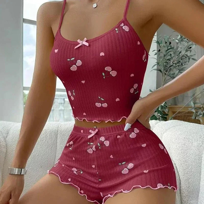 Sleepwear Women's Summer Pajama Set Heart Print Sexy Ribbed Bow Decor Round Neck Backless Crop Cami Top & Shorts Nightwear