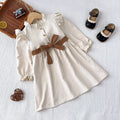 Autumn Plain Long Sleeved Stand Collar Tied Dress Solid Color Kids Dresses for Girls Daily Casual Clothes 3-7 Years Old