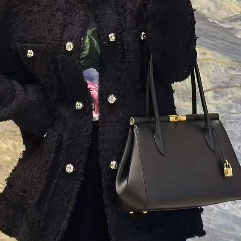 Brand Luxury Leather Handbag Large-capacity Briefcase With Gold Clasp Women Elegant Shoulder Crossbody Bag Clip Design Tote Bag