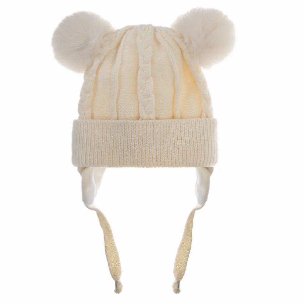 Cute Bear Earpuff Textured Knit Hats Pompom Baby Boys Girls Thick Warm Winter Ear Protection Caps Cotton Lining Kids Headwraps