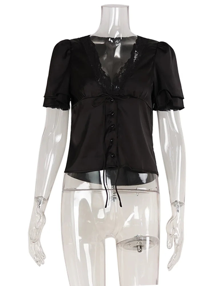 CNYISHE Lace Patchwork Solid Short Sleeve Tops for Women V Neck Sheath Fashion Tees Female Sexy Club T-shirts Elegant Casual