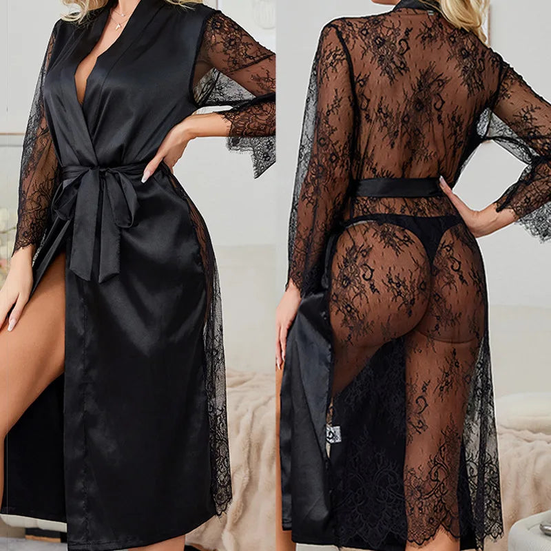 Long Robe Lounge Wear Sexy Temptation Perspective Lace Bathrobe Kimono Gown Silky Satin Sleepwear Nightgown Homedress