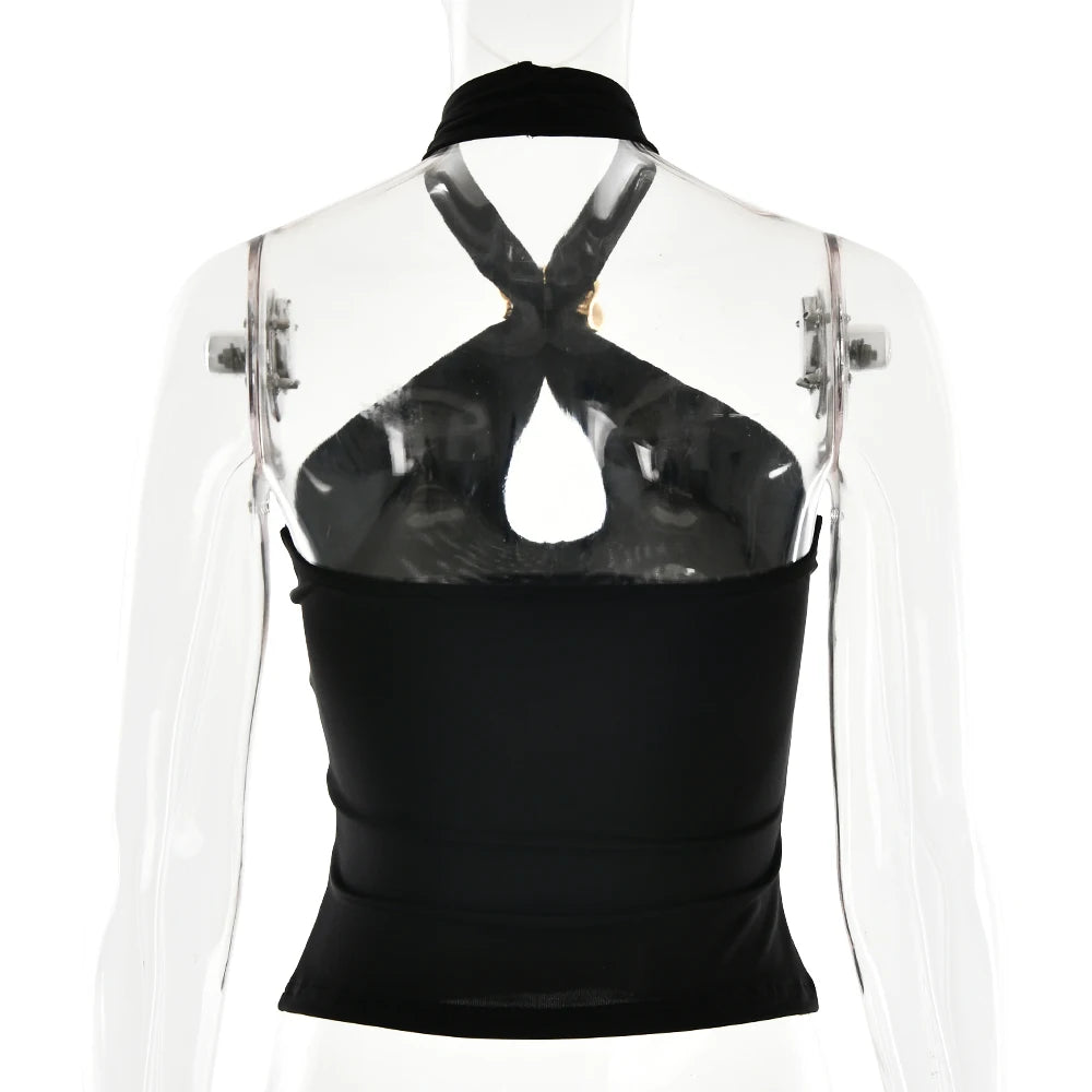 Fantoye Sexy Backless Metal Ring Halter Women Top Black Hollow Out Off Shoulder Crop Vest Female Summer Slim Elegant Streetwear