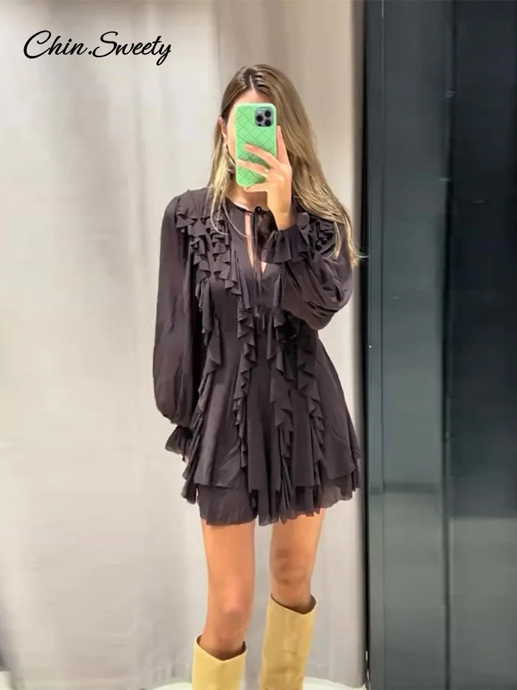 Sexy Ruffles Short Dress V-neck Long Lantern Sleeve Pleated Brown Party Dresses Female Spring Summer Lady Loose Vestidos