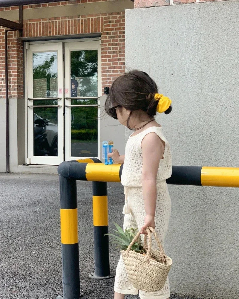 Girl's Clothing Summer Korean Thin Knitted Girl Set Children Hollow Breathable Vest + Wide Leg Pants Two-piece Suit