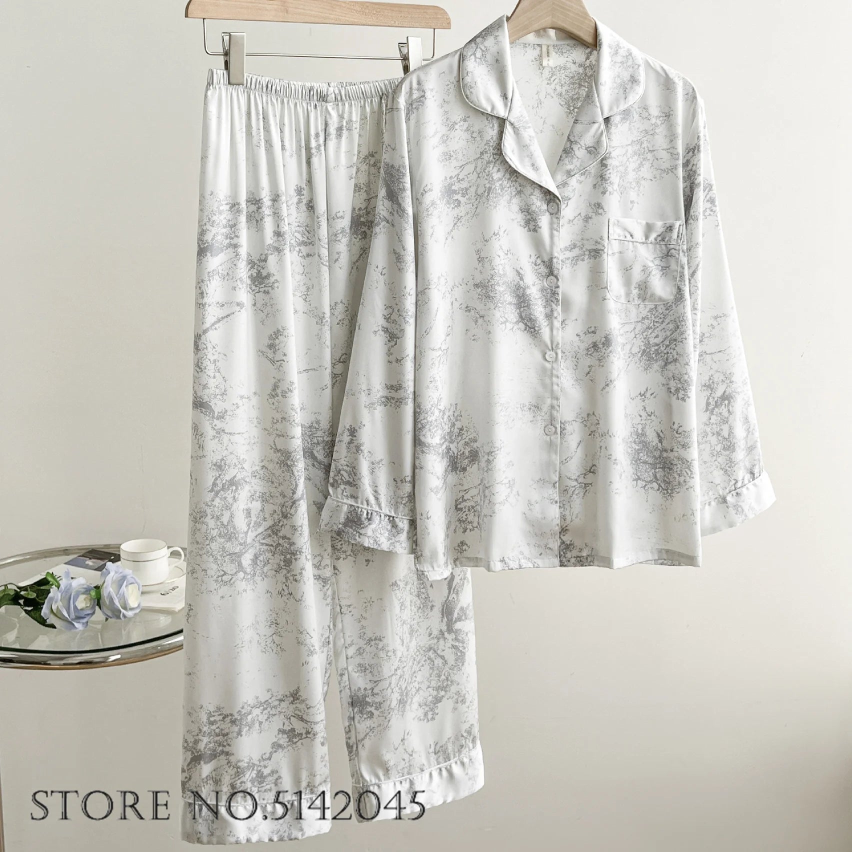 Women Sleepwear 2PCS Pajamas Set Sexy Print Flower Long Sleeve Trouser Suits Loungewear Loose Casual Satin Home Clothes Pyjama