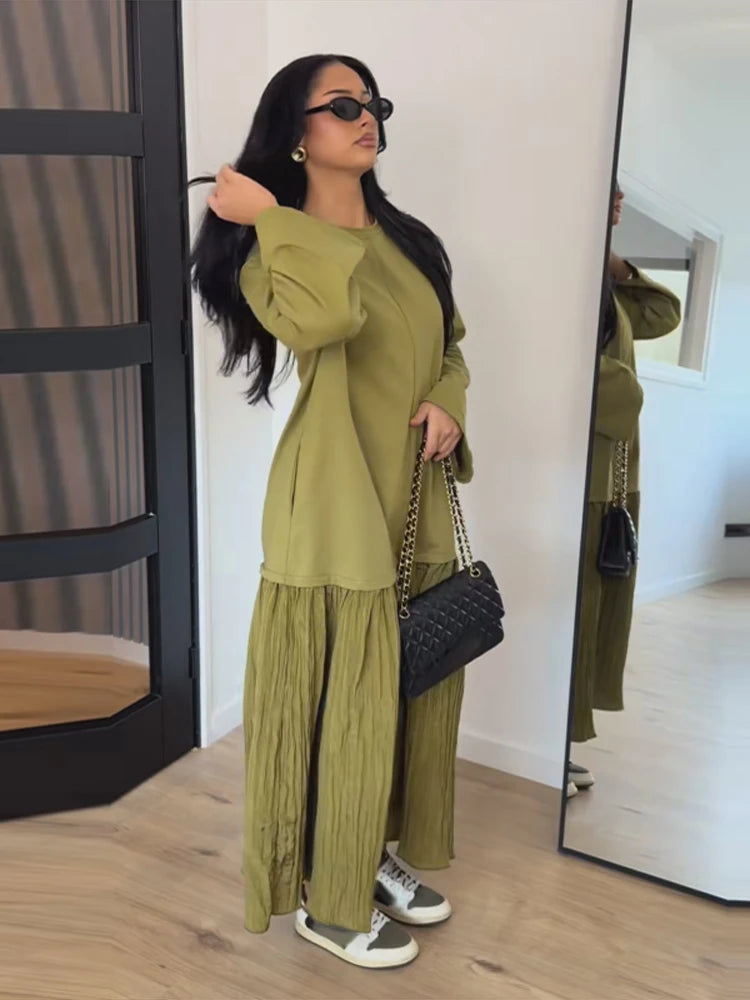 Short Sleeve Patchwork Oversized Long Dress Women Elegant O-neck Pleated Loose Party Evening Dresses Summer Casual Lady Vestidos
