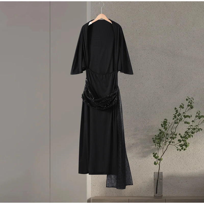 Sequined Patchwork Evening Dress Women Sexy Backless Half Sleeve Slim Hip Package Long Dresses Fashion Elegant Party Robes Lady