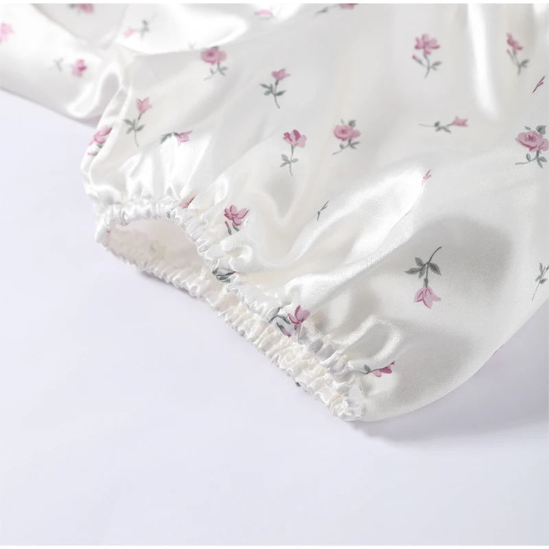 Women's White Floral Print Puff Sleeve Dress With Waistband Fashion Satin Ruffled Hem Maxi Dress