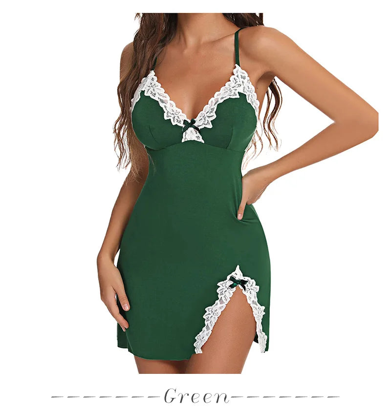 Sexy Summer Sleepwear Women Lace Silk Satin Night Deress Sleeveless V-Neck Split Hem Soft Lingerie Sleepwear Female Clothes