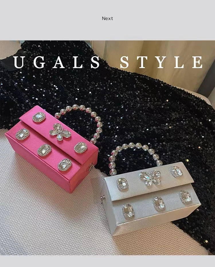 Luxury Designer Satin Square Box Crystal Shiny Diamonds Evening Bag Women's Handbag Wedding Party Clutch Purse Crossbody Bag