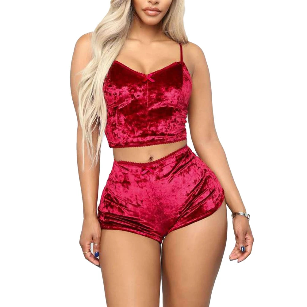 Women Sexy Lingerie Set Oil Shiny Nightwear Super Soft Short Sleepwear Sleeveless Crop Tops Solid Shorts Pajamas Set Casual Wear