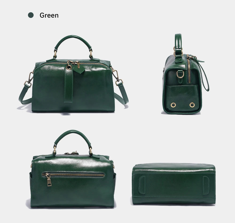 Zency Oil Wax Leather Vintage Green Handbag Women Shoulder Bag Satchel Black Wave Pattern Wide Strap Classic Boston Bag Purse
