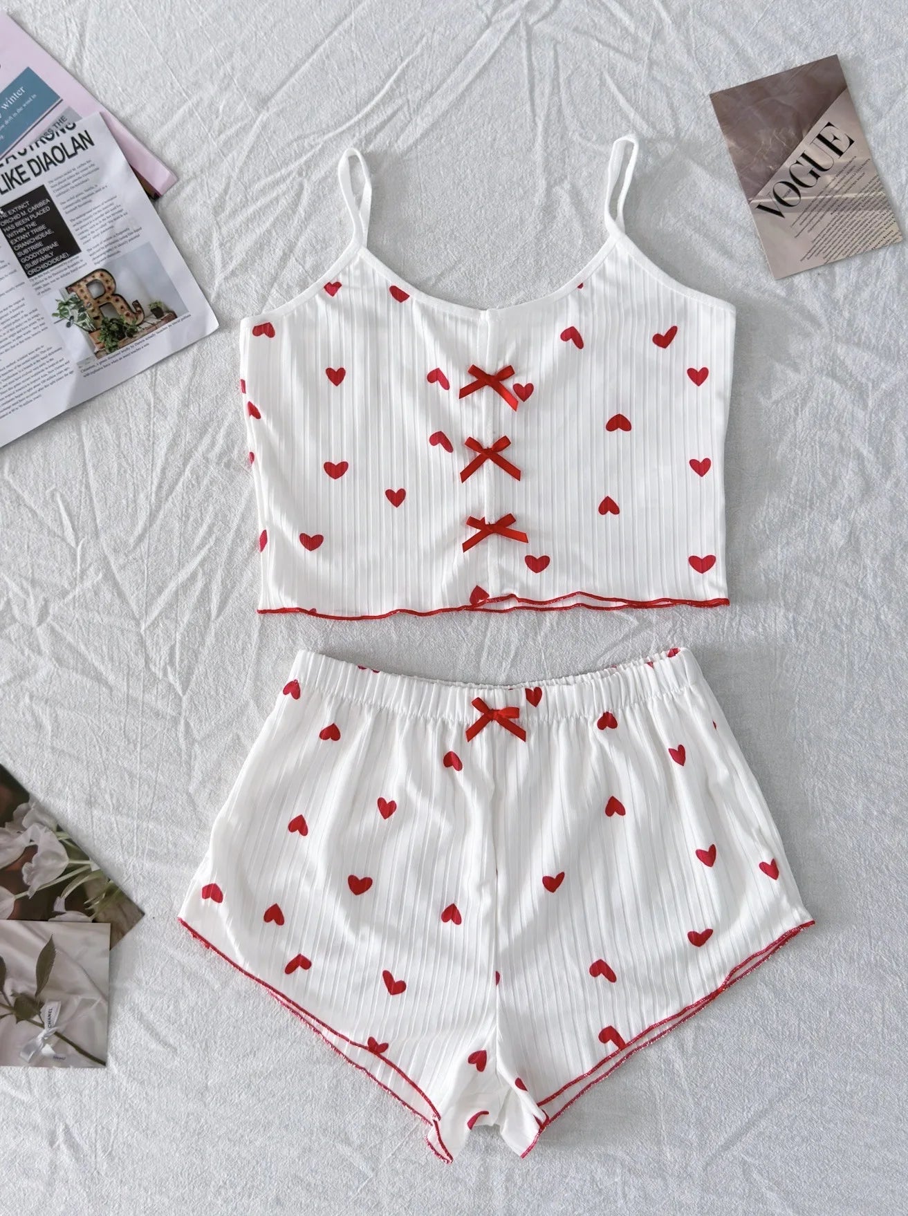 Sexy Sleepwear Women Pajamas Set Heart Print Silk Stain V-Neck Sleeveless Casual Cami Top and Shorts Sets Home Suit Loungewear