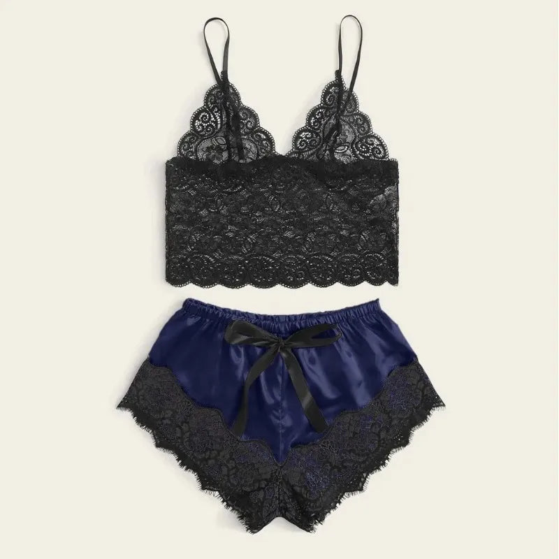 Women's 2 Piece Sexy Lace Pajama Set See-through Bralette Cami Top And Shorts Breathable Sleepwear Plus Size Summer Lingerie