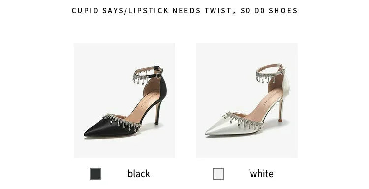 Comemore White Wedding Bridesmaid Shoes Satin Fashion Rhinestone Fringe Chain High Heels Black Temperament Elegance Pumps