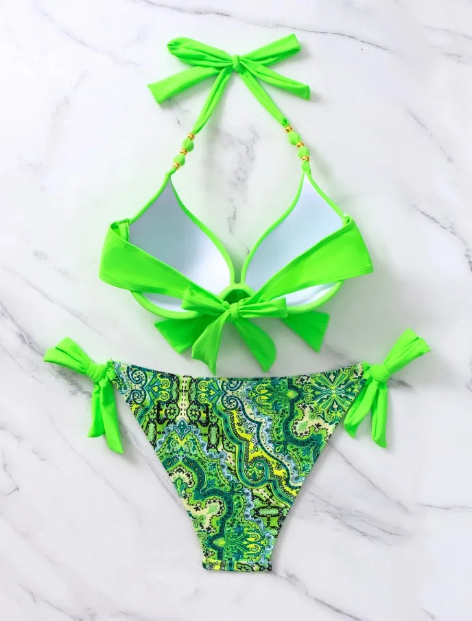 Push Up Halter Bikini Printed Swimsuit Women Sexy Strappy Swimwear Female Bathers Bathing Swimming Swim Suit Beachwear