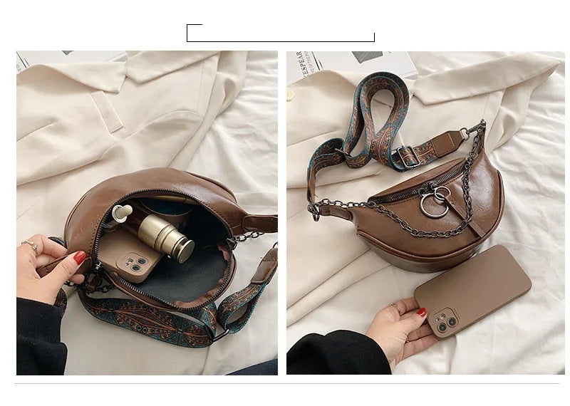 Fashion Saddle Waist Bag Fanny pack Luxury Leather Female Belt Bags Chain Handbag Purse Woman Retro Shoulder Crossbody Chest Bag
